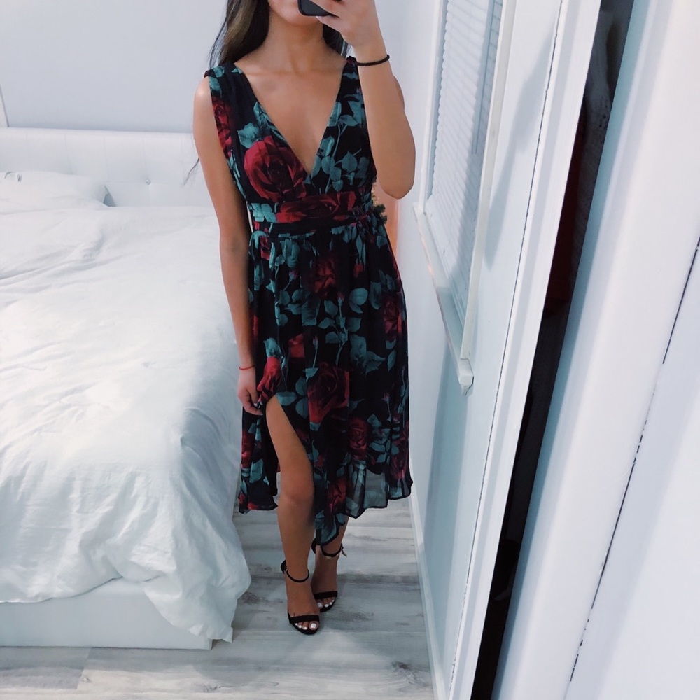 Black and Burgundy Floral Print Dress